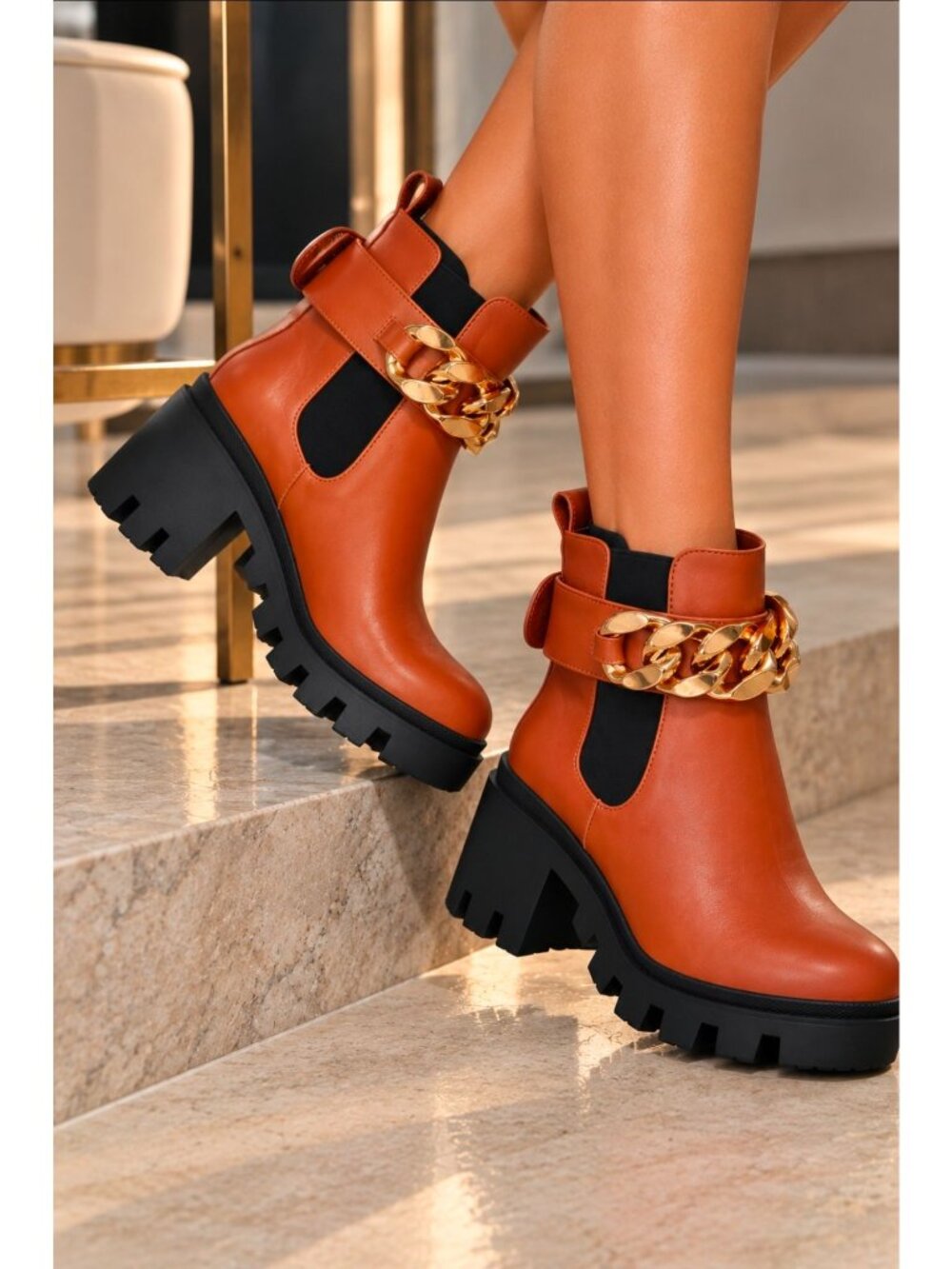 Tan Chunky Heel Ankle Boots With Gold Chain Accent & Lug Sole Design โ Womens St